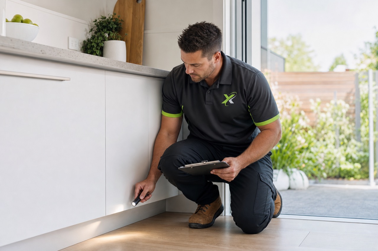 Xpest technician inspecting a Sunshine Coast home interior for pest activity